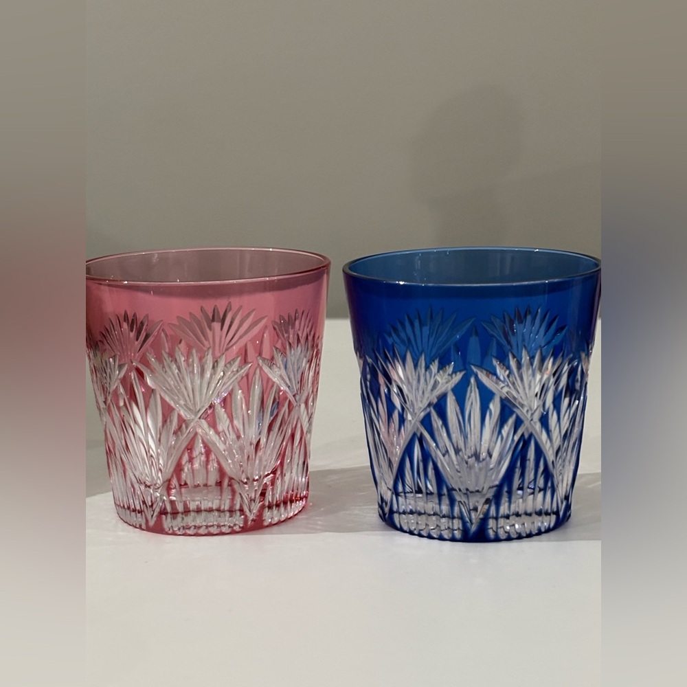 Japanese Edo Kiriko-Style Cut Glass Tumblers – Set of 2 (Pink & Cobalt Blue)
